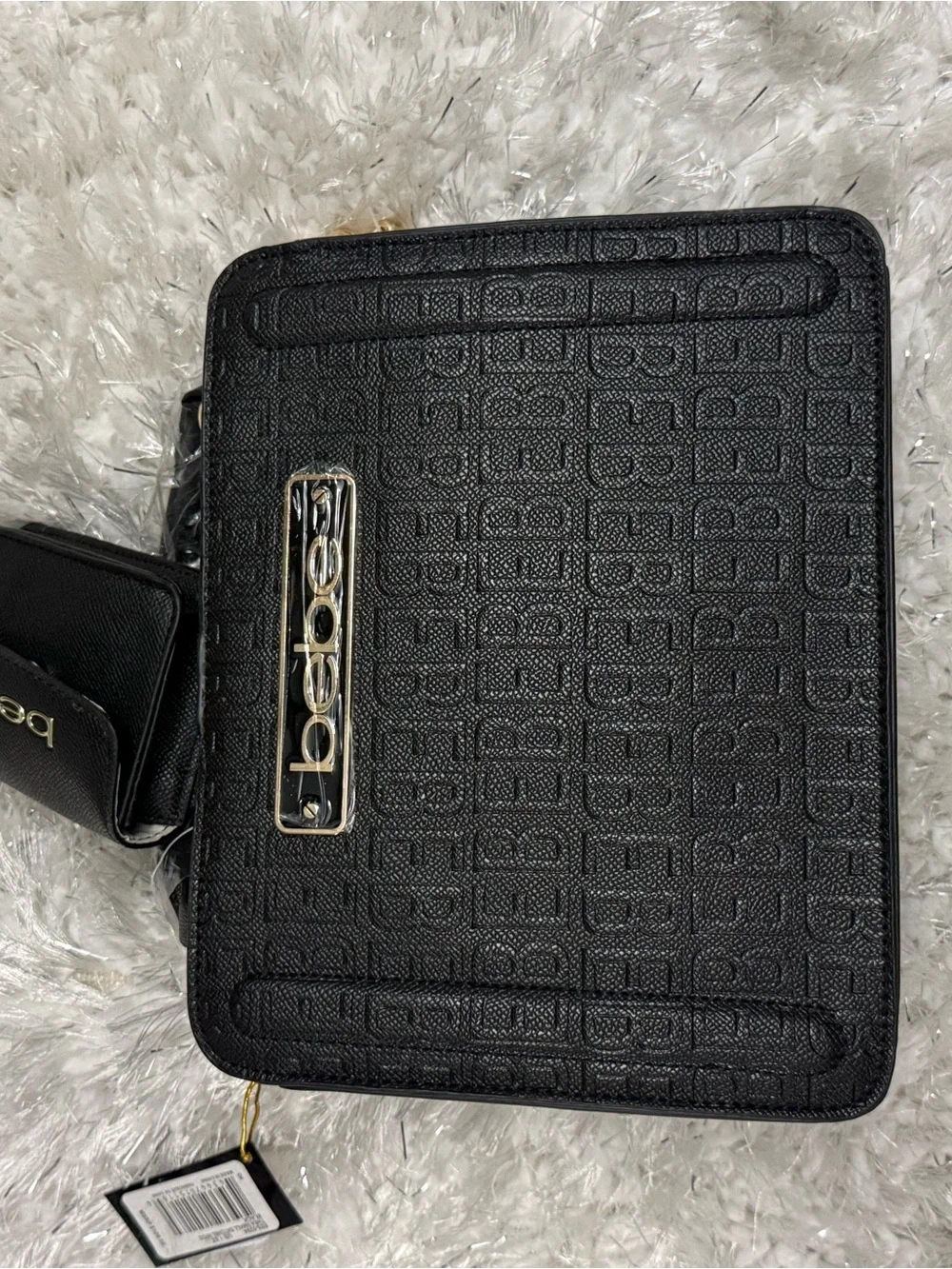 bebe Black Embossed Logo Shoulder Bag with Gold Plaque